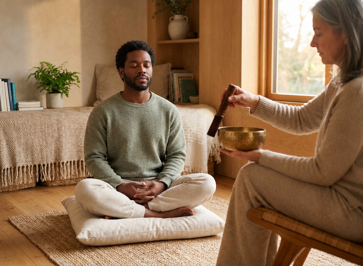 A client meditating while a therapist rings a calming sound bowl in a warm therapy room