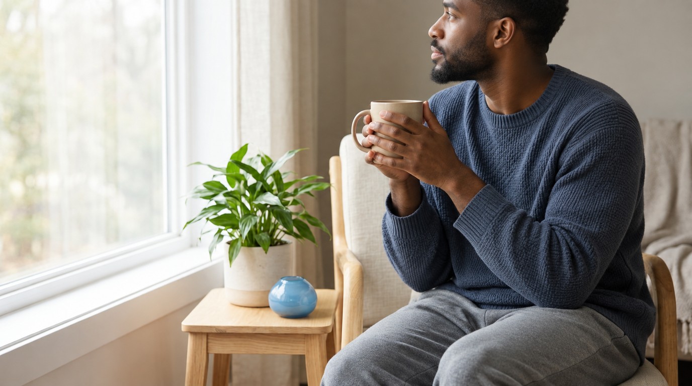 Person holding a warm mug in a quiet blue-toned reading corner
