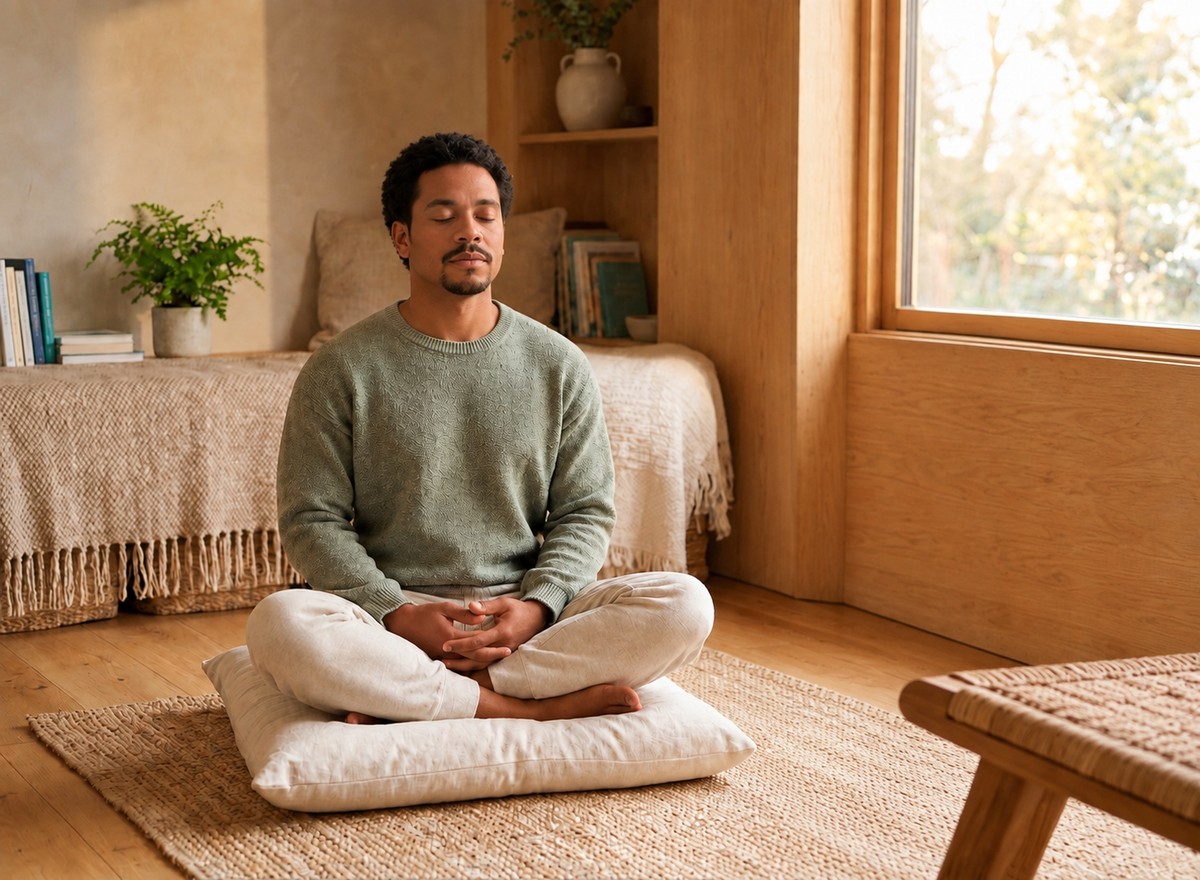 A client meditating while a therapist rings a calming sound bowl in a warm therapy room