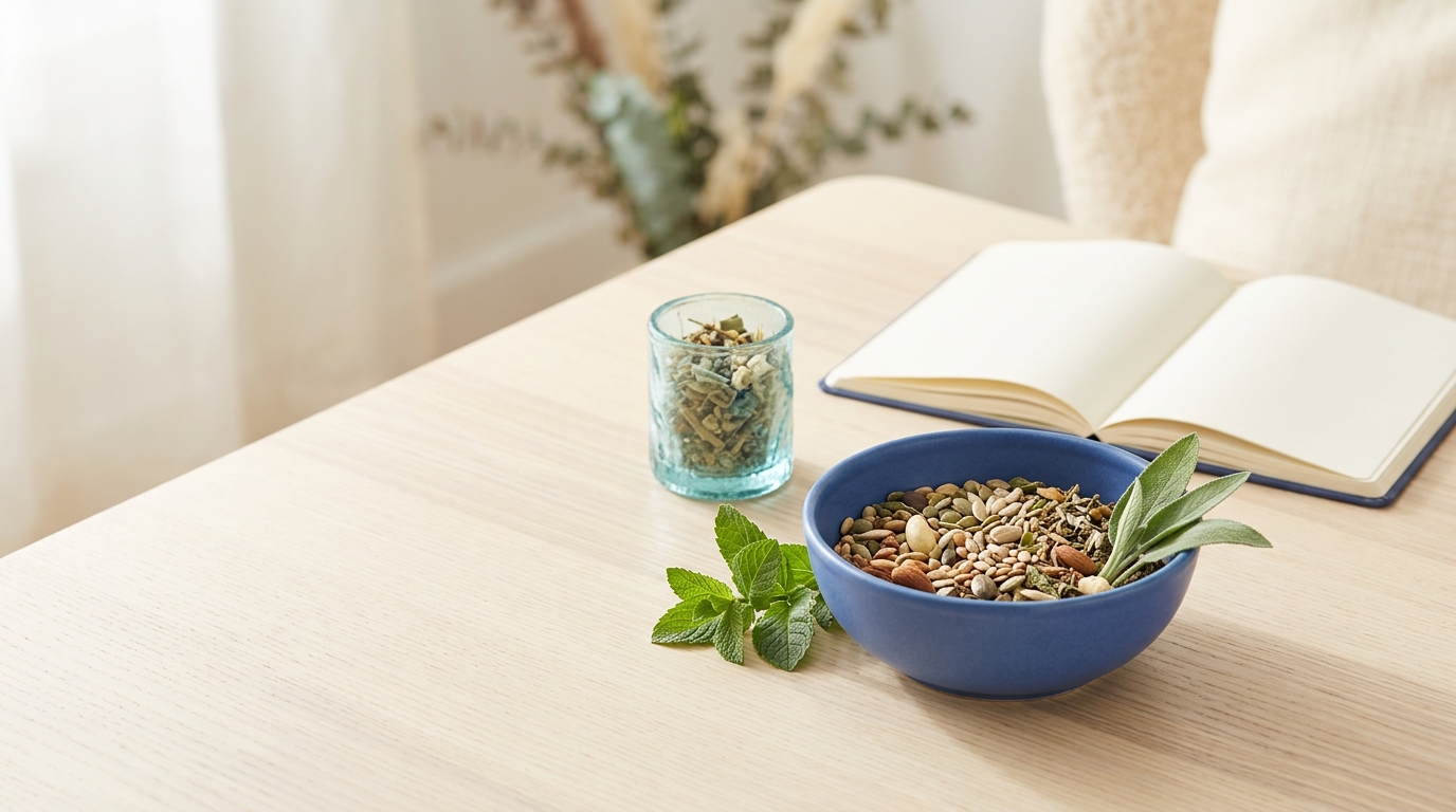 Blue ceramic bowl of seeds and herbs beside an open journal and aqua glass vessel on a sunlit desk