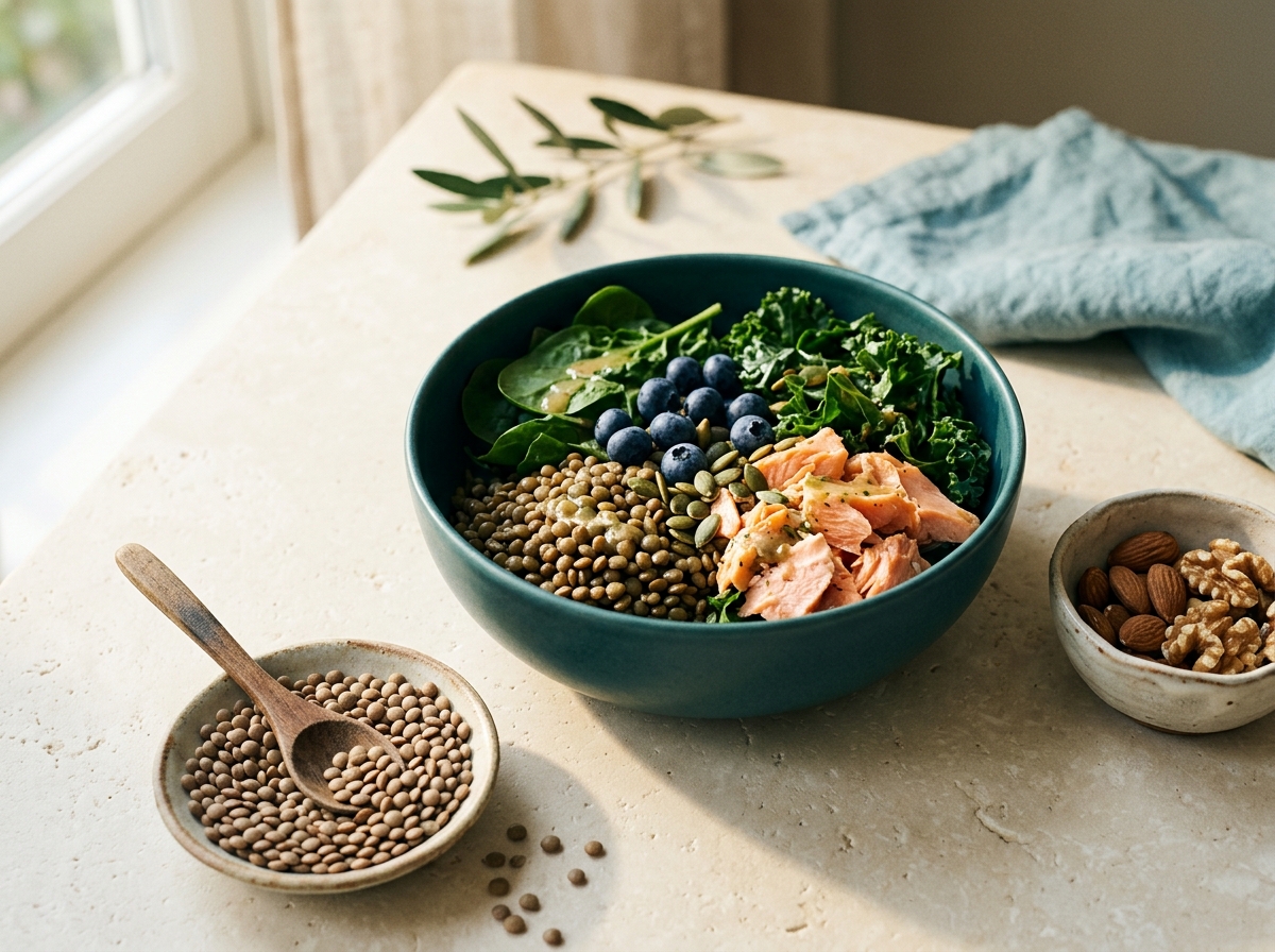 Amino acid therapy nutrition still life with salmon, lentils, greens, blueberries, and nuts