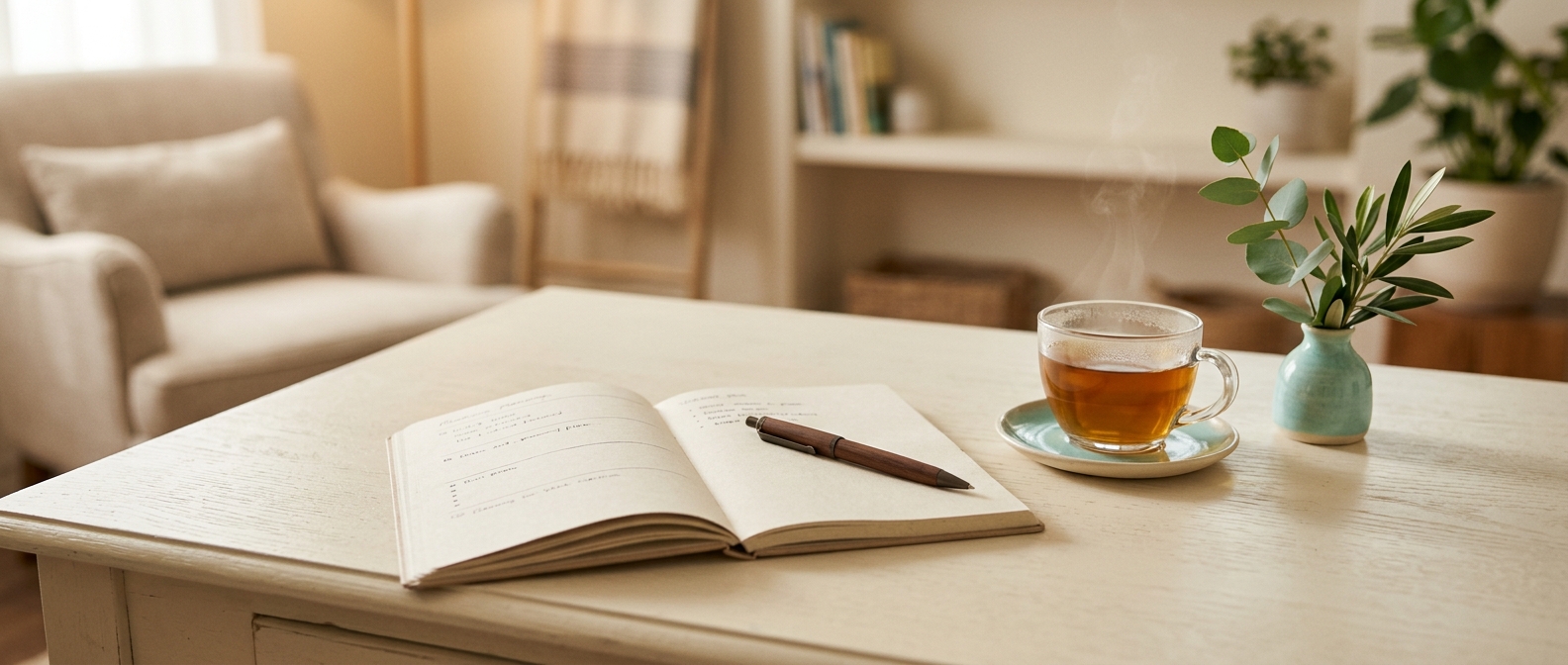 An open treatment-planning notebook beside tea and a botanical sprig in a calm office