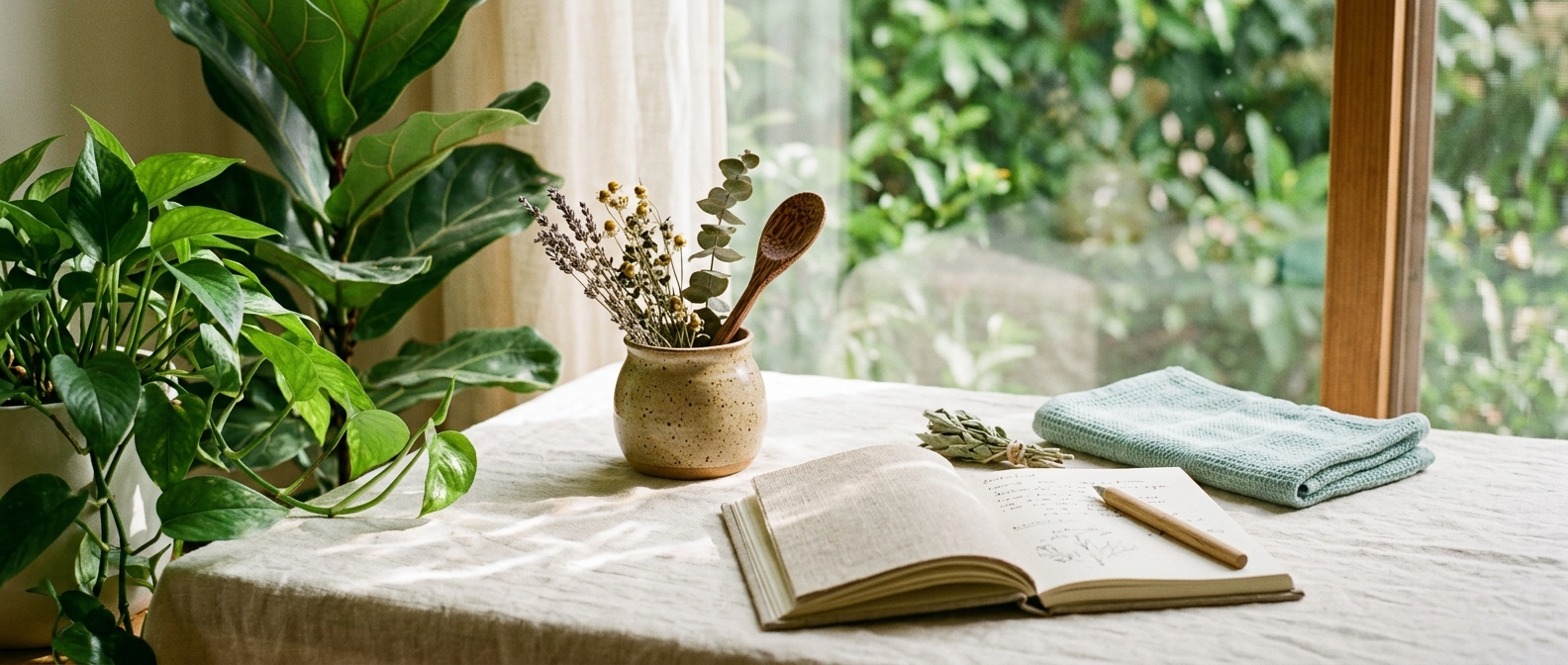 Sunlight and water reflections across linen beside green botanicals and an open journal