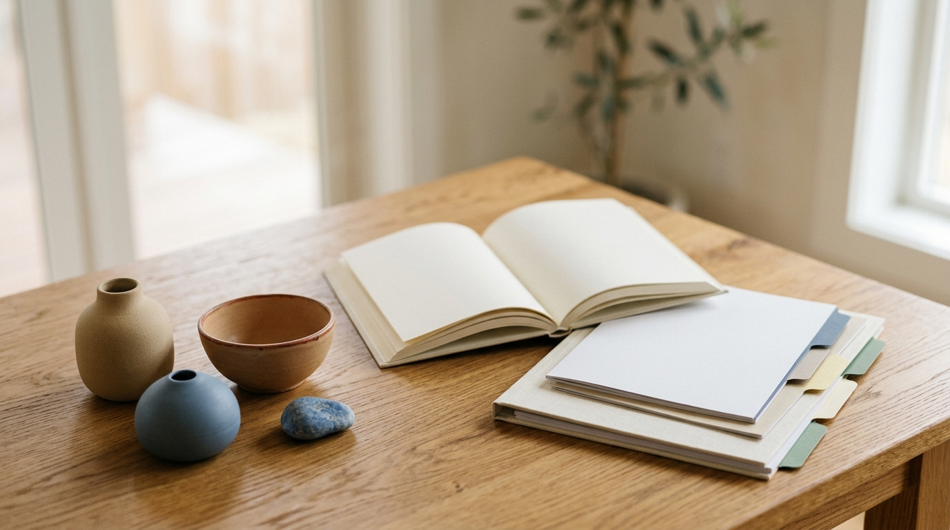 Open book, layered documents, blue stone, and varied ceramic forms on a warm wooden table